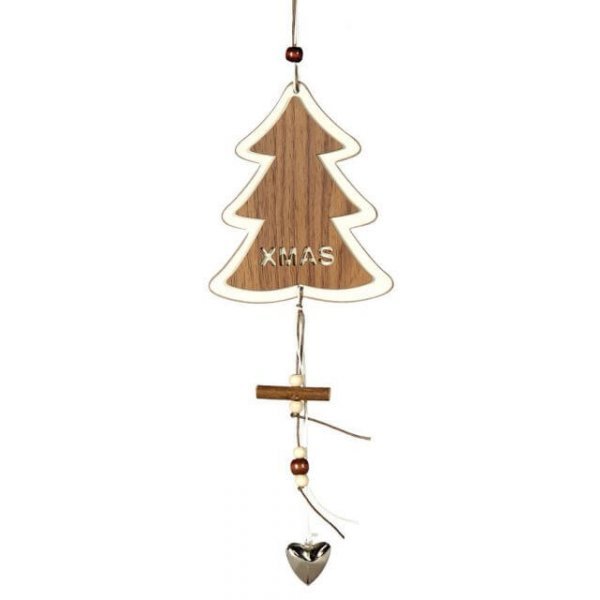 Χριστουγεννιάτικο Κρεμαστό Ξύλινο Δεντράκι, με Σχέδιο "XMAS" και διάφορα Κρεμαστά (30cm)